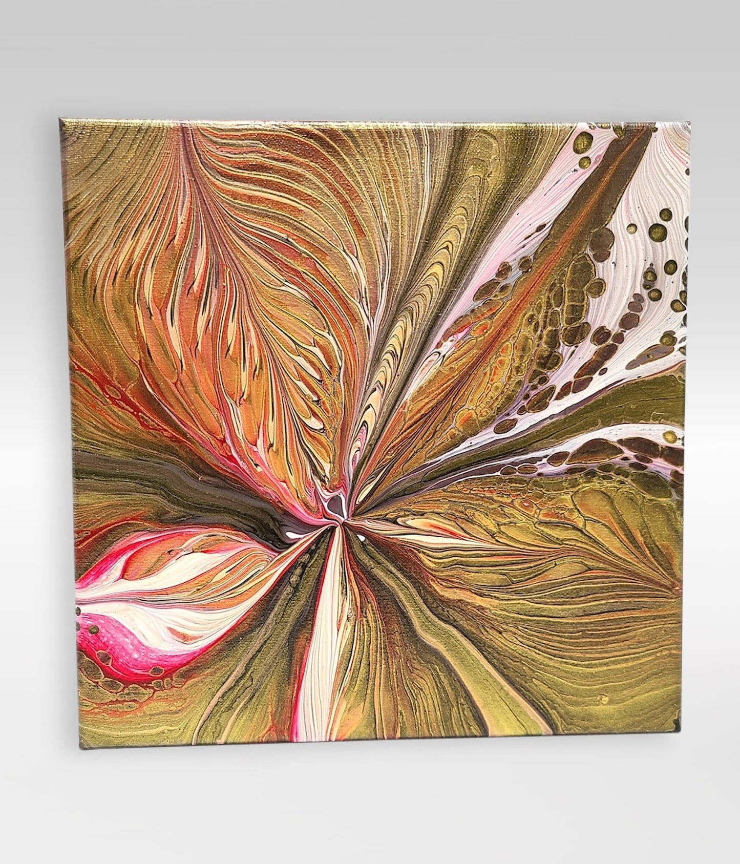 Gilded Petal – 12 x 12 Acrylic Pour Painting On Canvas