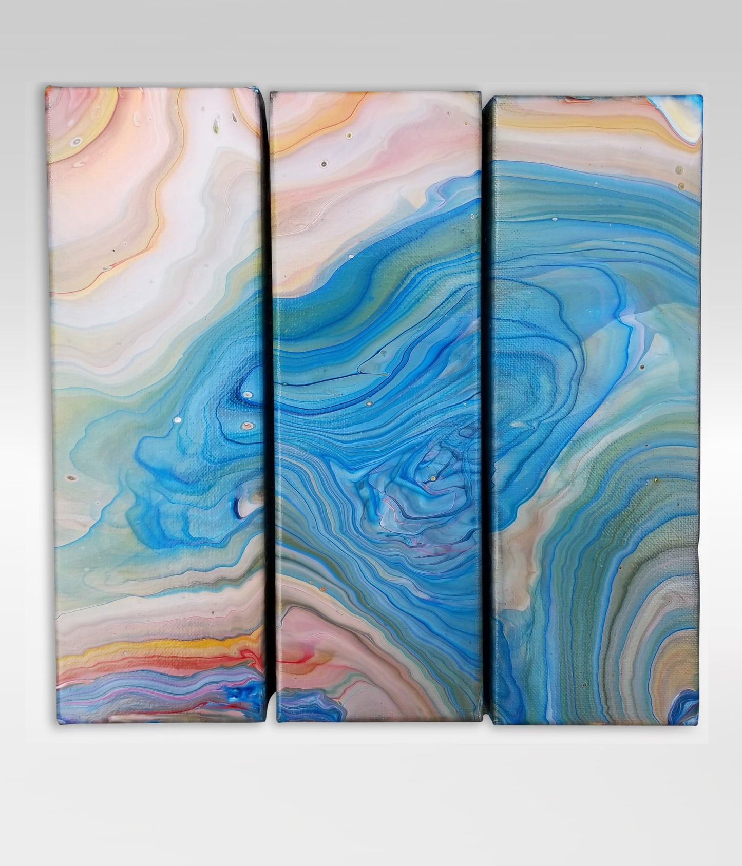Sky Funnel Triptych – 12 x 12 Acrylic Pour Painting On Triptych Canvas