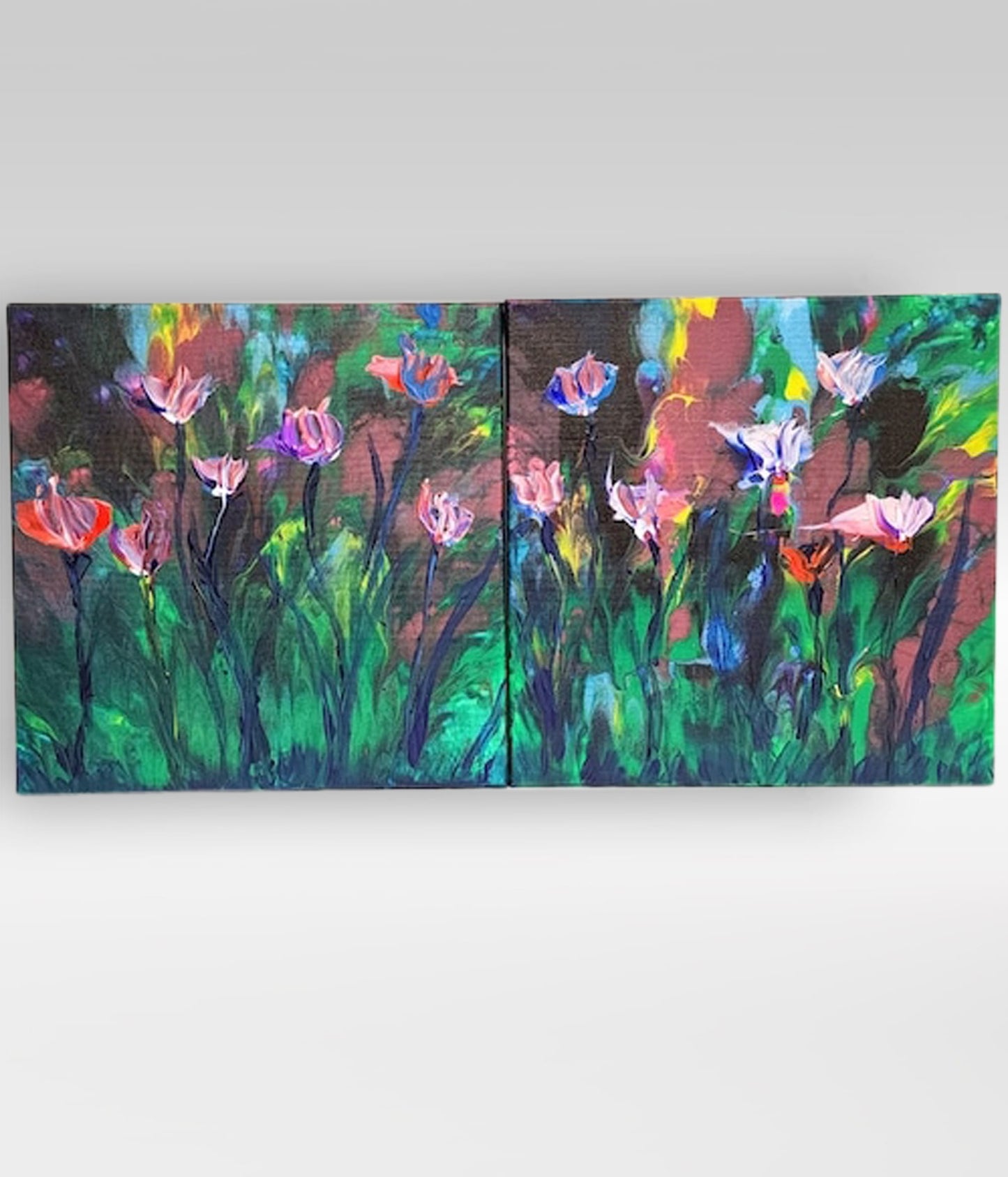 Floral Impressions Diptych – 12 x 24 Acrylic Pour Painting On Canvas