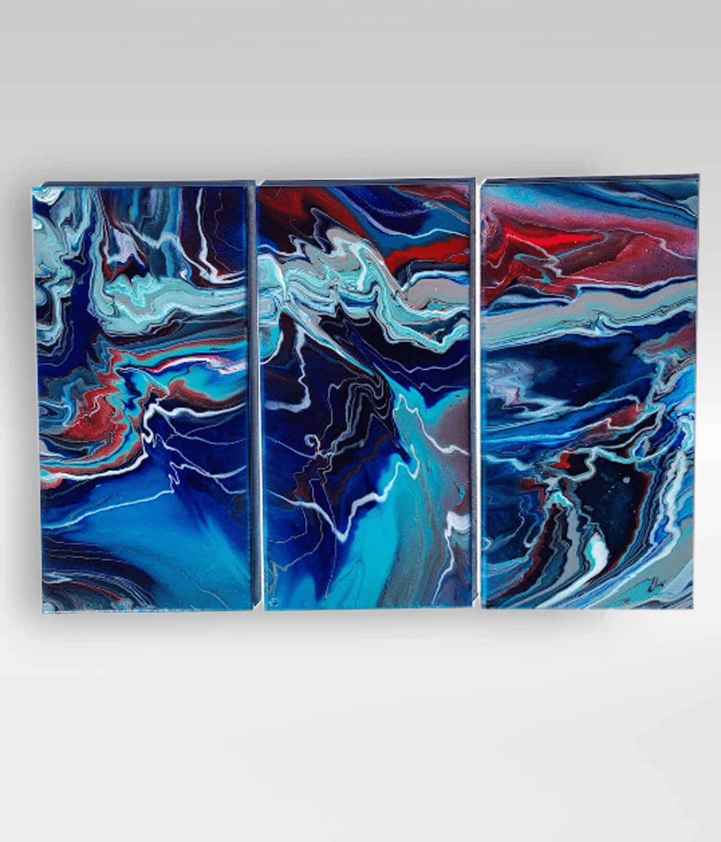 Geo-Static Triptych – 30 x 20 Acrylic Pour Painting On Canvas