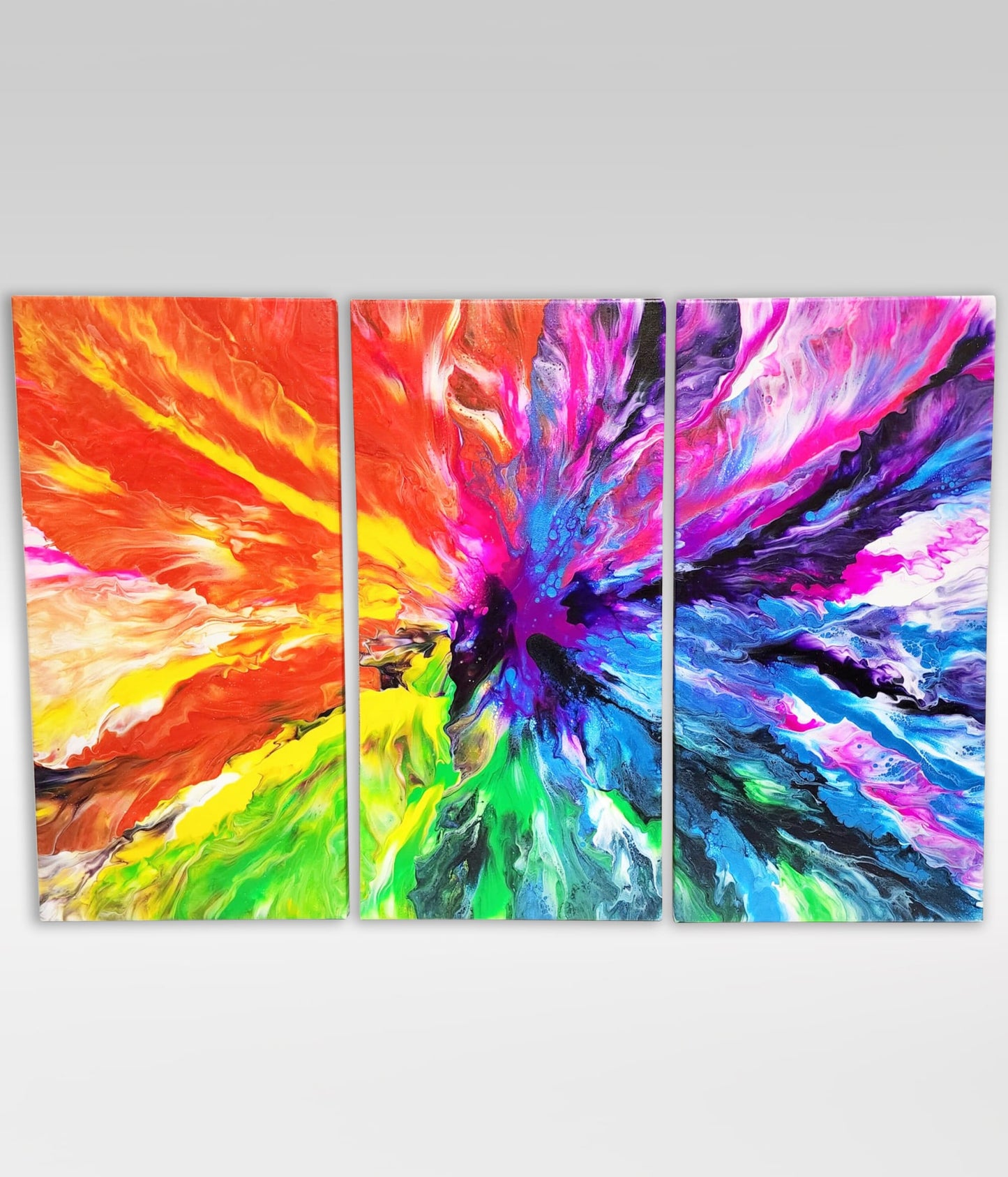 Rainbow Flare Triptych – 20 x 30 Acrylic Pour Painting On Canvas